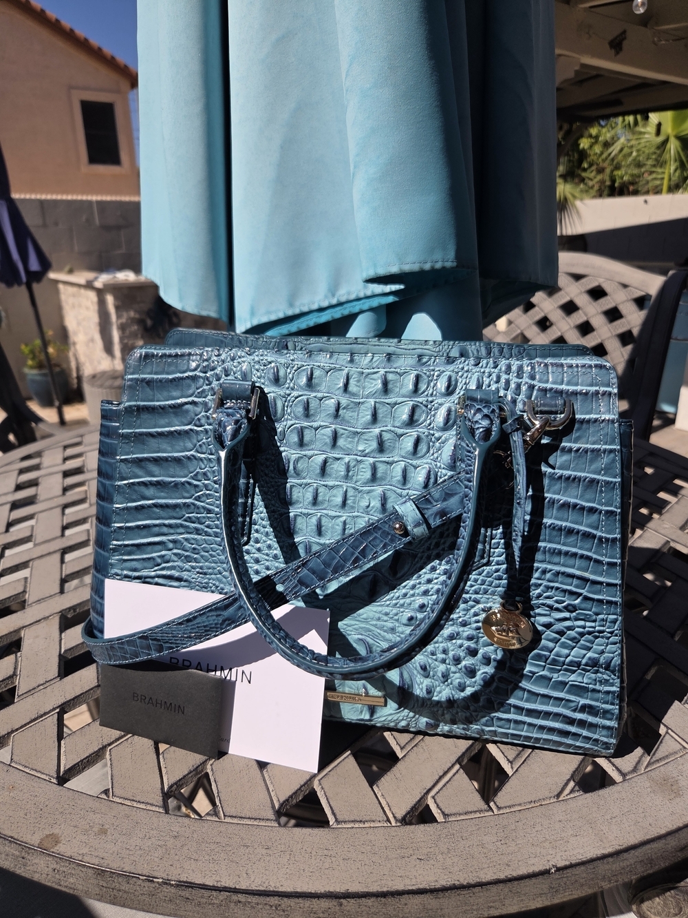 Brahmin Finley Blue Croc-Embossed Leather Satchel Crossbody Handbag NWOT